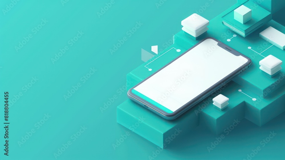 Poster modern smartphone on a cyan background with floating white geometric shapes around it focus on digit