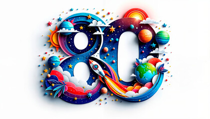 Colorful “80” design with planets, rockets, and stars in a space theme. Perfect for 80th anniversaries, space-themed events, educational purposes, or tech companies. Copy space available