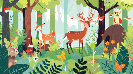 Forest animals in wild nature. Environment landscape