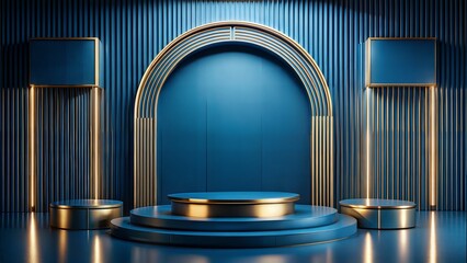 Obraz premium A modern and elegant stage for product presentation mockup, blue and gold minimalist theme