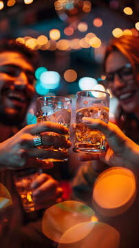 Friends toasting with drinks in a bar celebrating an anniversary, summer concept vacation concept holidays