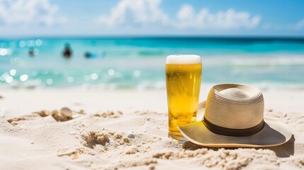 Summertime beach relaxation with cold beer and stylish hat