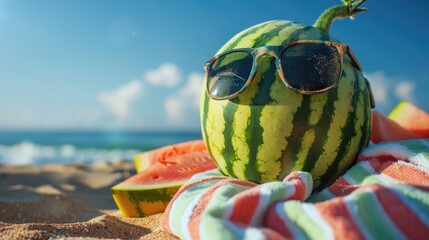  A watermelon lying on the beach with a towel wearing sunglasses.