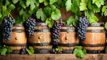 Wooden barrels with ripe grapes in vineyard