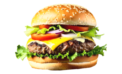Large appetizing burger with meat, onion, vegetables, melted cheese, lettuce and mayonnaise sauce. ia