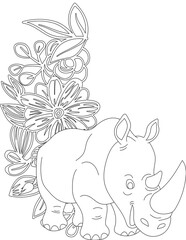 Rhino and A Floral Vine Coloring Page. Printable Coloring Worksheet for Adults and Kids. Educational Resources for School and Preschool.