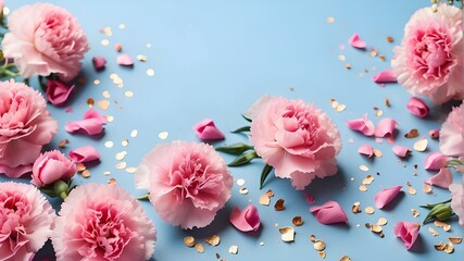 imaginative arrangement of flowers. On a pastel blue pink background, pink carnation blooms with...