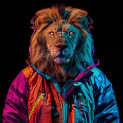 Naklejka premium Portrait of a lion in a colorful jacket on an isolated background
