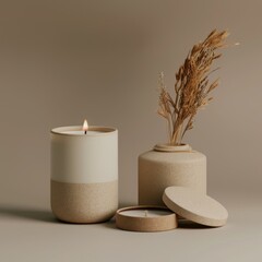 Elegant Beige Candle with Dry Flowers for Spa Relaxation, Copyspace, Candle Mockup