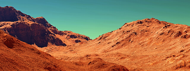 Planet mars illustration, orange red eroded mars surface, science fiction 3D illustration background.