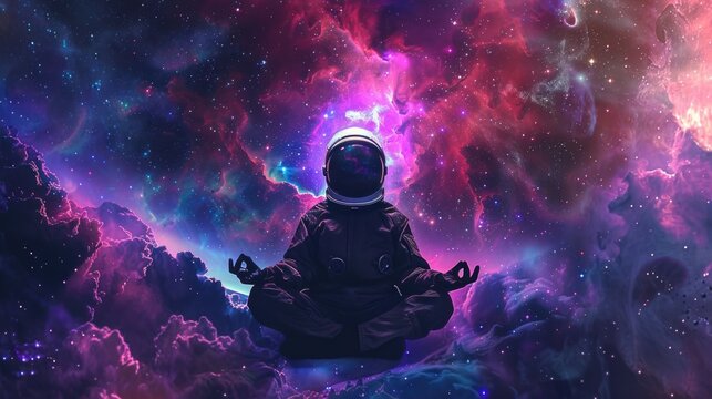A yogi astronaut in the lotus position among multicolored nebulae in deep space. Mystical fantasy mood in meditation.