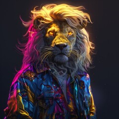 Portrait of a lion in a colorful jacket on an isolated background