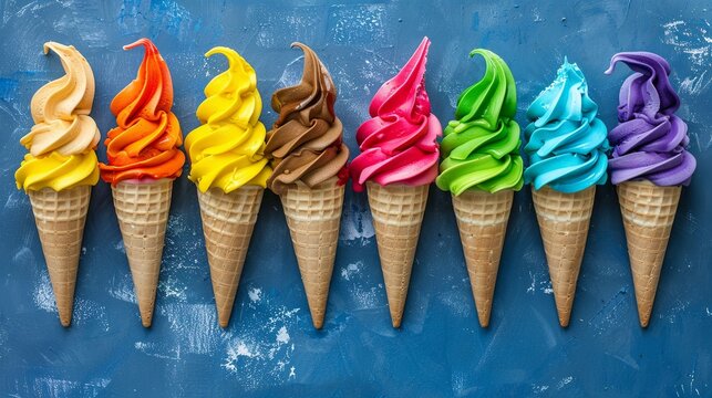 Colorful assorted soft serve ice cream cones on blue background