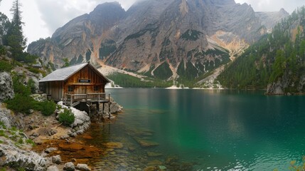Naklejka premium Picturesque mountain shelter by stunning dolomites lake in italy, perfect for travel enthusiasts