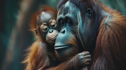 A young orangutan with its mother. Sweet orangutan family portrait. Wild beauty of a human-like monkey