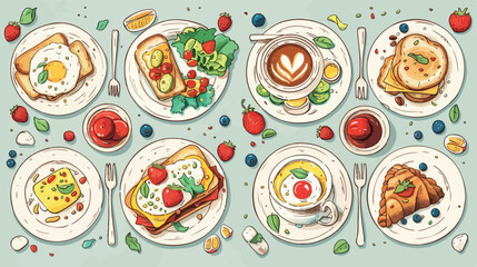 Four of different breakfast top view. Square illustration