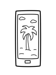A smartphone with a palm tree on the screen, a doodle sketch. Vector illustration of a beach photo in your phone.