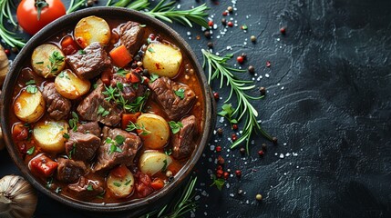 A dish of beef bourguignon being simmered French country kitchen setting space for text on the right