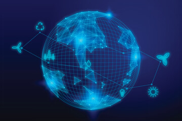 Blue futuristic background with planet Earth Internet and technology background, Nighttime View of Earth From Space A Beautiful Snapshot of the World at Night A modernized globe monitored 