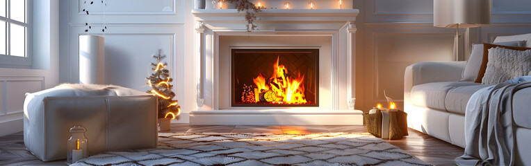 Classic white fireplace with a blazing fire for interior design in sandy or hygge style
