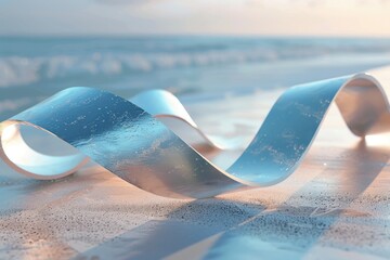 Abstract 3d illustration of a wavy ribbon on the shore.