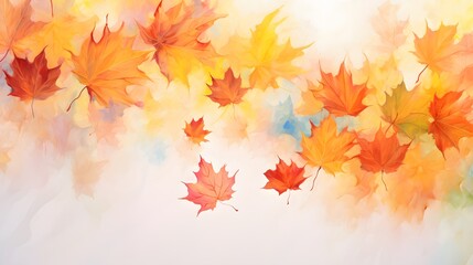 Watercolor autumn background with maple leaves. Generative AI.