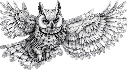 black and white illustration of an owl, coloring book for children