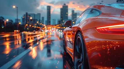 Orange sports car driving on a rainy night in the city, with vibrant lights reflecting on wet...