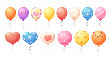 Set of colorful balloons with different patterns. Round balloons, heart shaped balloons. Vector cartoon elements for design of holidays, birthday party