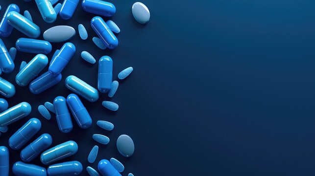 Abstract blue medical and pharmaceutical background with pills, copy space.