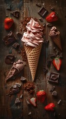 Chocolate ice cream cone with chocolate and strawberries