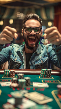 Classy man in tuxedo celebrating and drinking that he has won a professional poker game, casino concept, gambling, slots concept