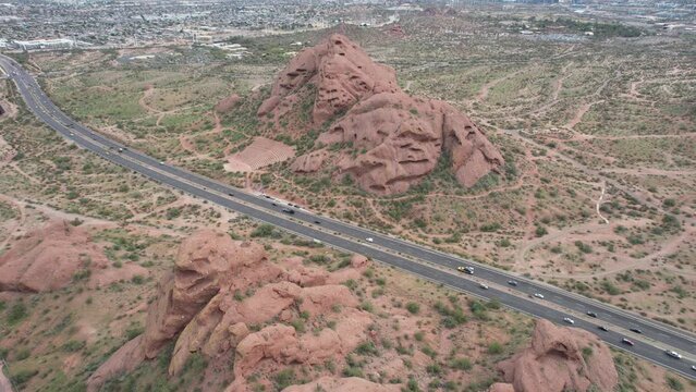 Drone footage of Papago Buttes red sandstone formations in Papago Park in Phoenix, Arizona, USA