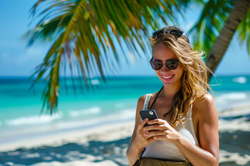 Happy female tourist on a tropical beach, using her mobile phone, in the background there is the sea and palm trees on the sand