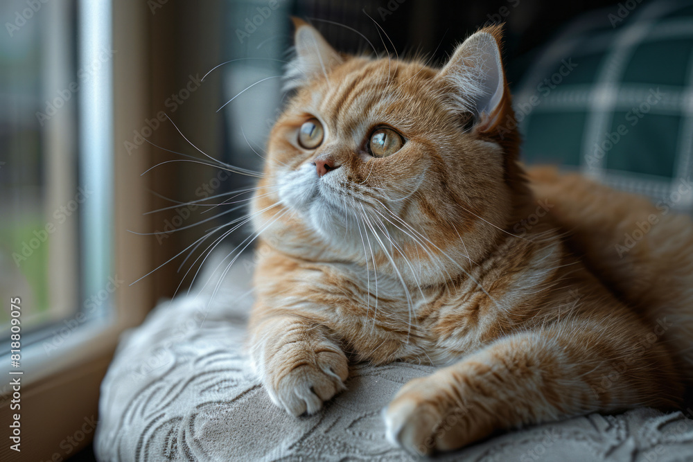 Poster An American Curl cat with its distinctive curled-back ears and soft coat, sitting attentively in a quaint, homely setting,
