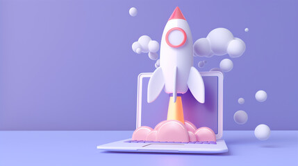 Rocket launch on laptop, flying rocket icon, business startup project concept. 3d render illustration.
