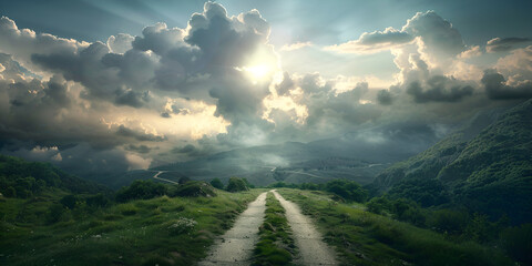 Beautiful dramatic mysterious landscape with spiritual pathway to heaven Digital 3D illustration