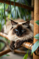 A Balinese cat with its long, slender body, silky coat, and vivid blue eyes, lounging elegantly on a bamboo mat,