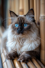 Obraz na płótnie Canvas A Balinese cat with its long, slender body, silky coat, and vivid blue eyes, lounging elegantly on a bamboo mat,