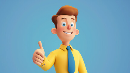 3d render. Cartoon character young man isolated on blue background. Sales manager wears yellow shirt, blue tie, looks at camera, show gesture.