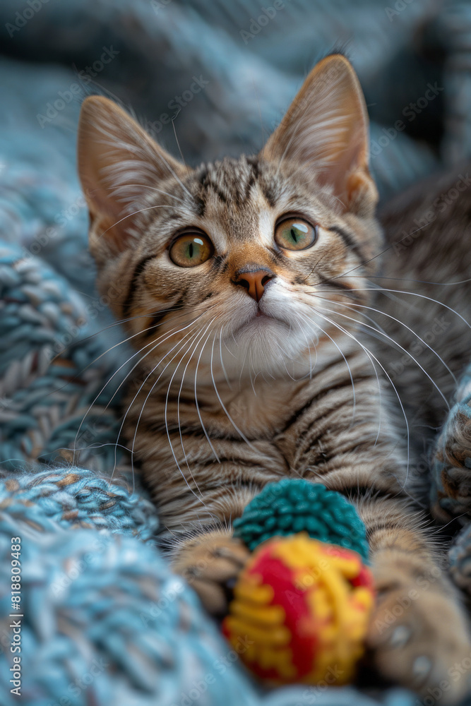 Poster a playful cat with a mischievous glint in its eyes and a slight grin, ready to pounce on a toy,