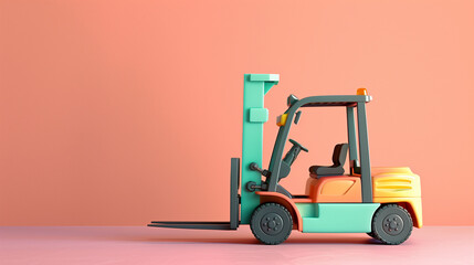 Toy cartoon forklift isolated on pastel light flat background with copy space. Pink, green, orange palette colors.