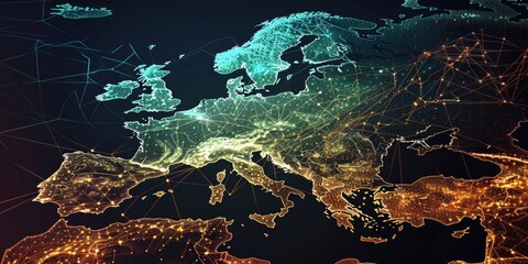  Abstract digital map of Western Europe, concept of European global network and connectivity, data transfer and cyber technology