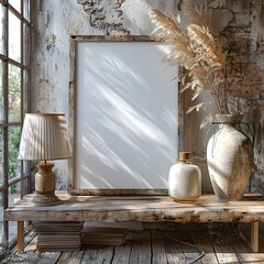 Poster Frame Mockup on the table with lamp, pampas grass