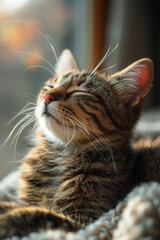 A happy cat with soft, half-closed eyes and a relaxed smile, basking in a sunbeam,