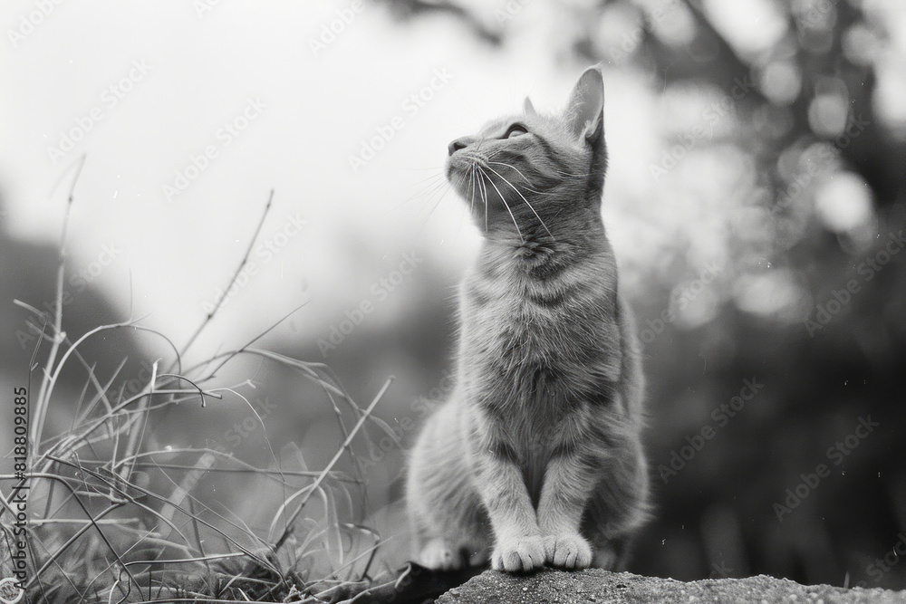 Poster a confused cat with a tilted head and furrowed brows, staring at something puzzling,