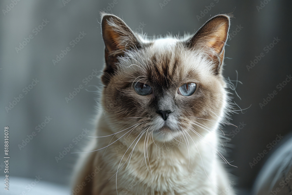 Poster a grumpy cat with a scowling expression and narrowed eyes, sitting with its tail flicking,