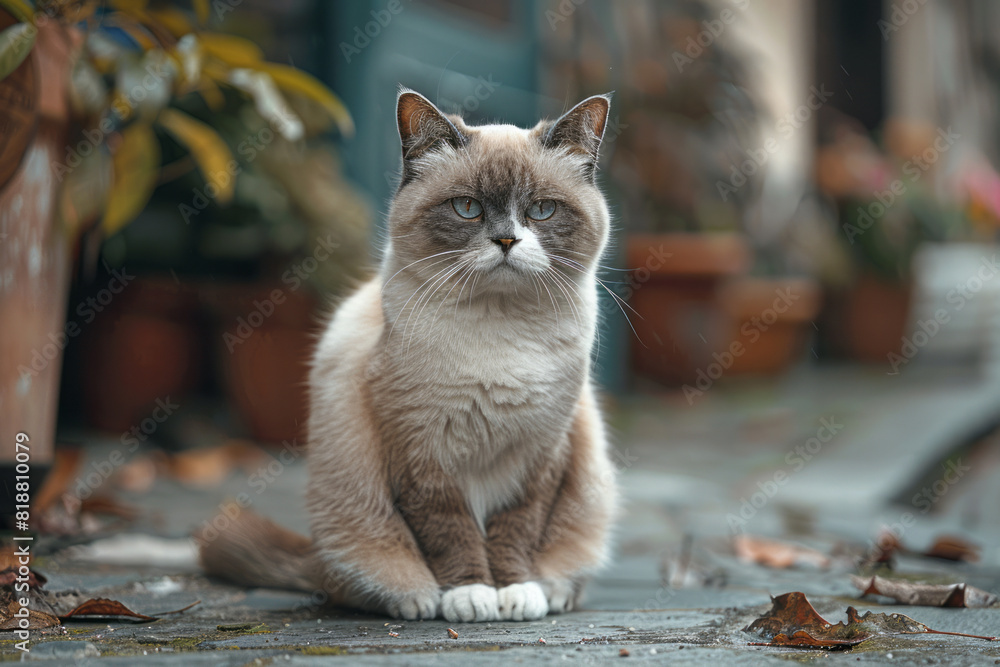 Poster a grumpy cat with a scowling expression and narrowed eyes, sitting with its tail flicking,