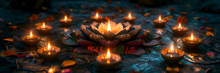 A beautiful rangoli design surrounded by lit diyas