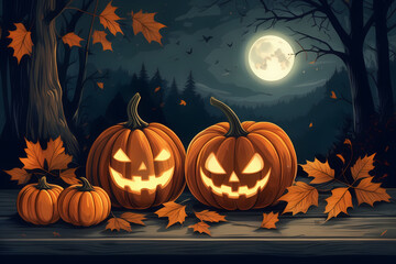 Immerse in a Halloween illustration, pumpkins gleaming under cold moonlight